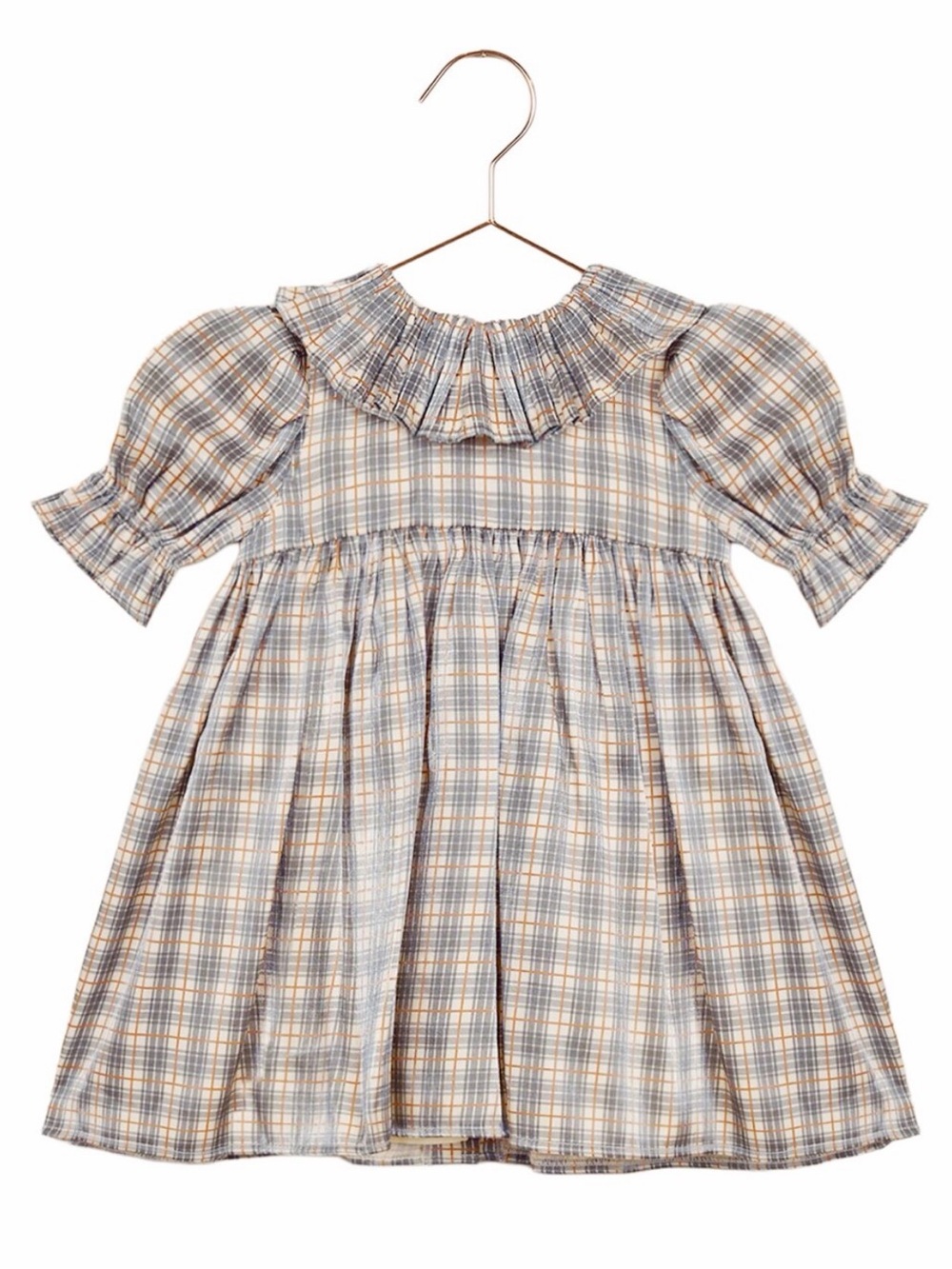 Classic Plaid Smocked Kids Dress - Neutral Blue & Tan